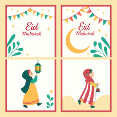 Eid Mubarak greeting  With Moon And Lantern Illustration Background 