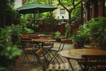 Tranquil outdoor caf? scene with wooden tables and green umbrellas surrounded by lush greenery