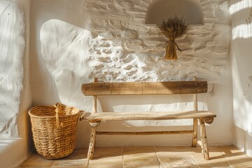 Obraz premium Cozy interior scene featuring a rustic wooden bench and a woven basket against a textured wall