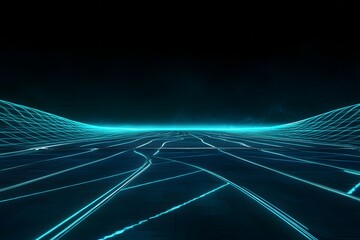 Abstract Glowing Wireframe Landscape Illustration with Perspective on Dark Background