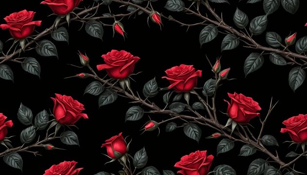 Seamless Pattern of Dark Red Roses on Black Background