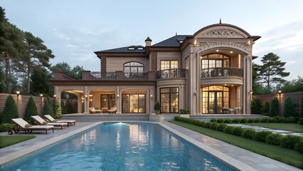 Luxury Modern Mansion with Pool Surrounded by Lush Greenery in a Serene Setting