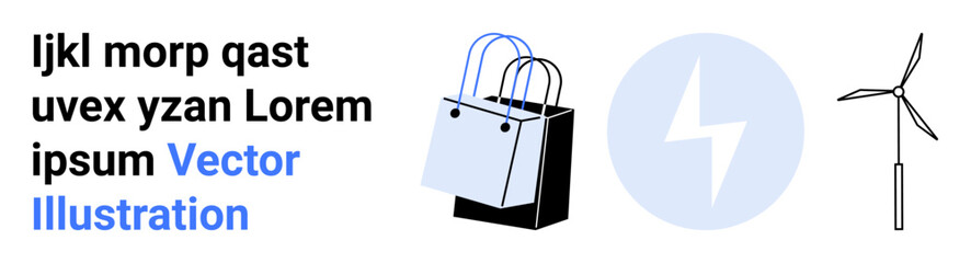 Shopping bags, energy bolt, windmill illustrating retail, renewable energy, eco-conscious living. Ideal for sustainability, eco-markets, innovation, climate action modern commerce branding flat