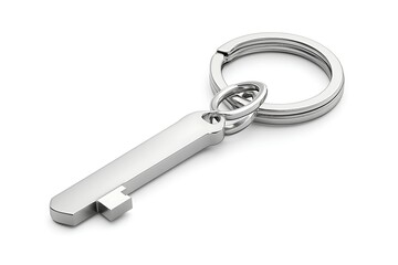Close-up of a metal key with a key ring, against a white background for security