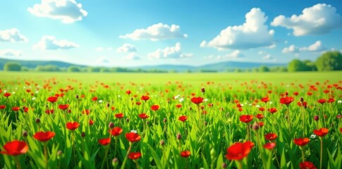 Fototapeta premium Dotted with bright red wildflowers, a sea of green grass stretches to the horizon, landscape, countryside, wildflower field