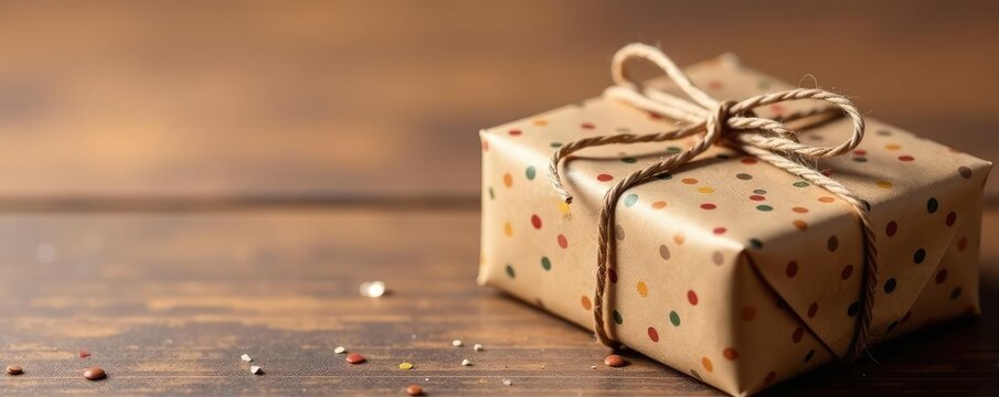 Dotted gift wrapped with brown paper and twine, bow, twine