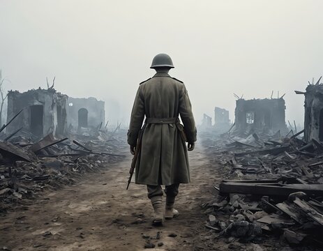 Lone Soldier Walking Through War-Torn Landscape