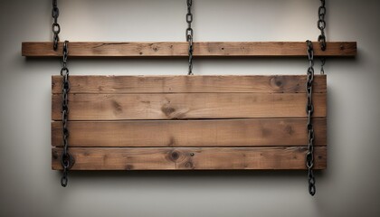 A wooden sign with three planks, suspended by two metal chains. The wood has a brown color with visible grain and knots