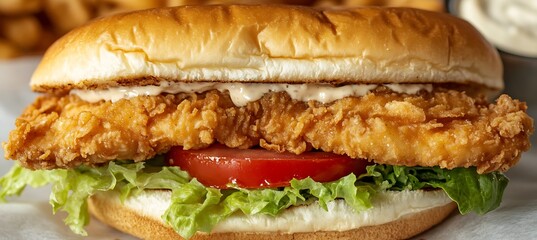 A close-up of a crispy fried shrimp po'boy sandwich with lettuce and remoulade sauce 