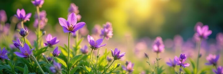 Fototapeta premium Fragrant purple wildflowers swaying gently in the breeze, nature photography, flowers, garden scene