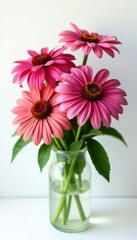 Fresh echinacea flowers in a bouquet on white background, vase, freshflowers, leaves