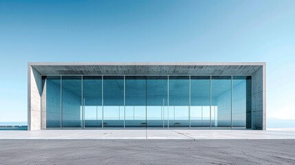 Obraz premium Modern minimalist building with large glass facade overlooking the sea on a clear day