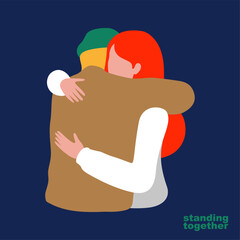 Friends hug cuddle set, standing together, couple hugging