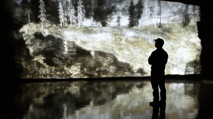 Fototapeta premium Man Contemplating Projected Landscape in Cave