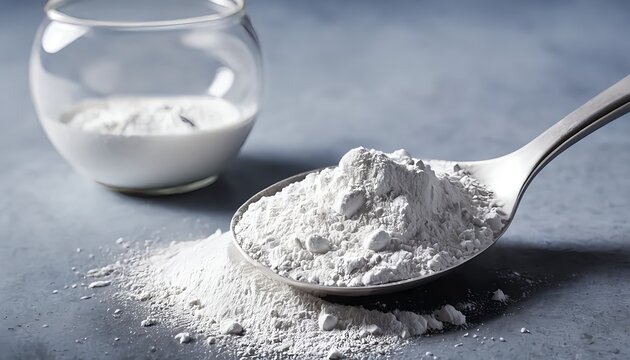 Spoonful of White Powder on Grey Background