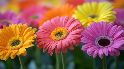Bright and colorful gerbera daisies blooming in a vibrant garden during spring season