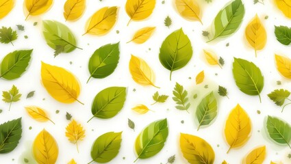 Colorful Autumn Leaves in Yellow and Green Arranged on a Soft White Background