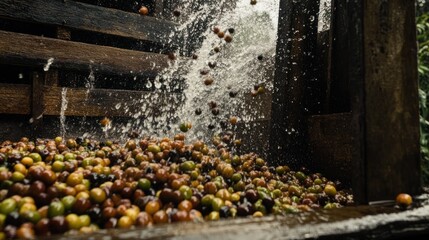Coffee beans washed in wooden crate