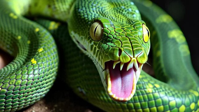 Green Python lounging peacefully in lush surroundings, displaying vibrant scales under natural light in the wild, capturing the essence of its tropical habitat