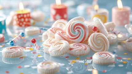 Spiral peppermint mint swirl candy red white blue round sugar confection holiday treat sweet dessert pastel background soft festive pile stacked snack colorful detail new year advertising commercial