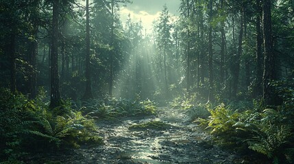 Obraz premium Tranquil Forest with Sunlight Filtering Through Tall Trees and Ferns