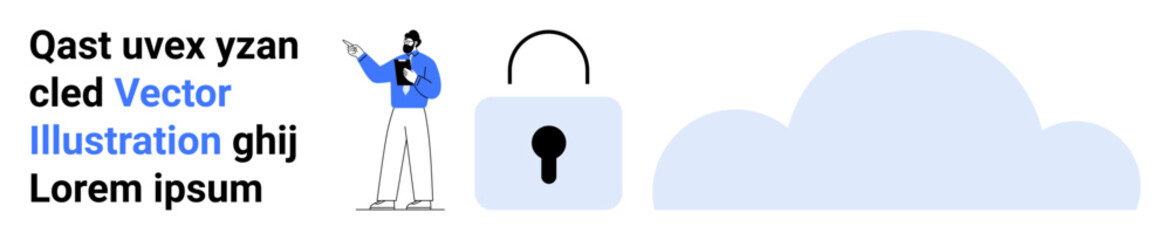 Person gestures towards cloud storage and padlock, symbolizing data security, encryption, and privacy. Ideal for cybersecurity, cloud computing, data protection, IT services, presentations privacy