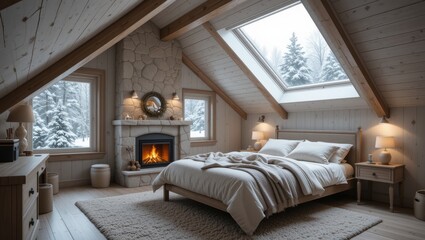 Cozy Wooden Bedroom with Fireplace and Snowy Landscape View in Winter Cabin Retreat