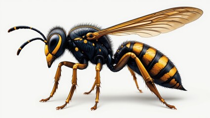 Detailed Close-up of a Black and Yellow Honeybee Perched on a Light Background