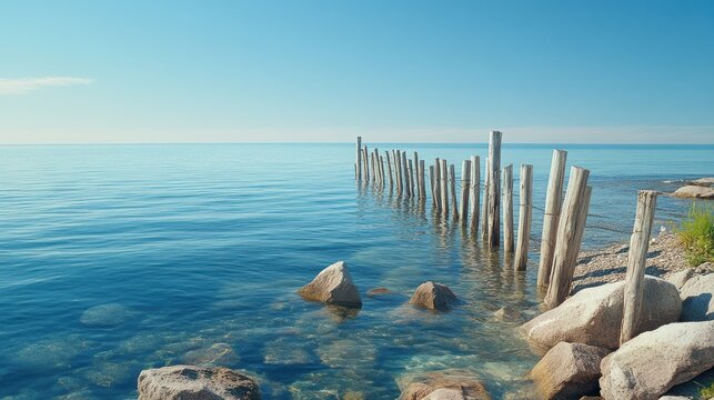 Calm lake shore with wooden posts