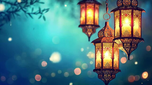 Beautiful Arabic lanterns illuminating the night during Ramadan celebrations, creating a warm and inviting atmosphere for reflection and community gathering