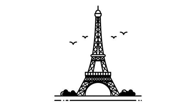 Isolated Black and White Eiffel Tower with Birds - Powered by Adobe