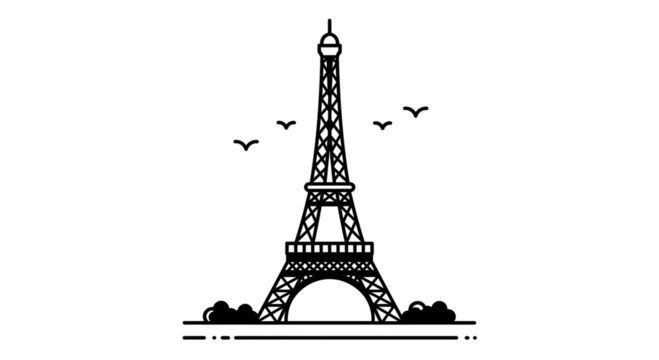 Isolated Black and White Eiffel Tower with Birds