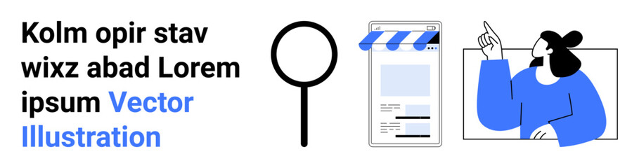 Magnifying glass, online storefront illustration, and a gesturing person. Ideal for business, technology, analysis, e-commerce, creativity, marketing education simple landing page