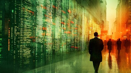 Businessman Walking in Futuristic Urban Environment with Data Overlay