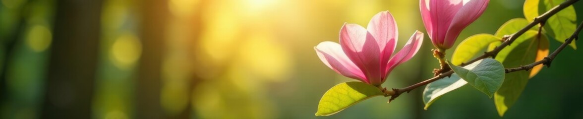 Fototapeta premium Light filtering through magnolia leaves and flowers, flowers, bloom