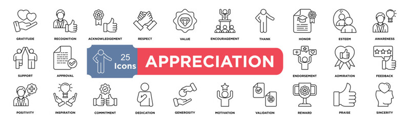 Appreciation icon collection set. gratitude,Recognition,acknowledgement,respect,value,encouragement,thank,honor,esteem,awareness,Support,approval. Simple line vector.