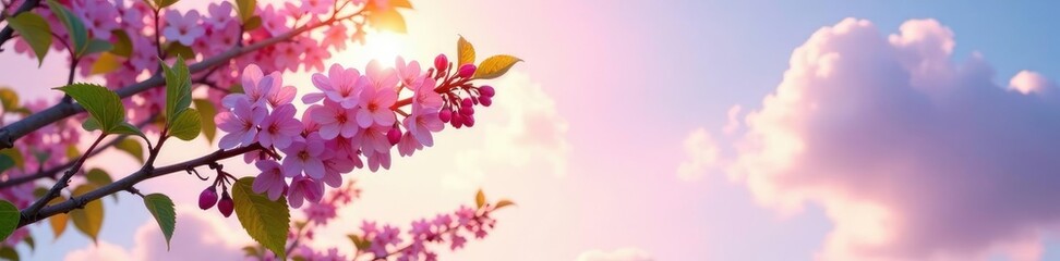 Fototapeta premium Lilac tree against a soft pastel sky with sunlight filtering through leaves, sky, midwest, nature