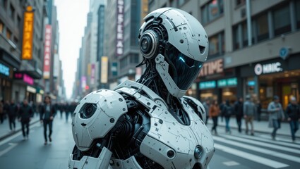 Futuristic Robot Character Standing in a Busy Urban Street with Crowded Pedestrians in Cityscape