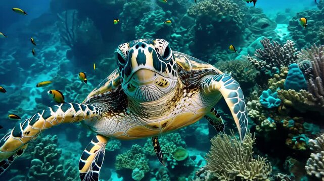 Hawksbill turtle gracefully swimming through the deep sea showcasing its vibrant shell and intricate patterns in a coral-rich environment