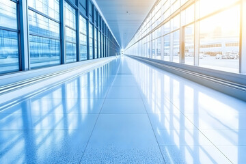 Obraz premium Modern, bright corridor with large windows reflecting sunlight; clean, polished floor; architectural design; spacious interior.