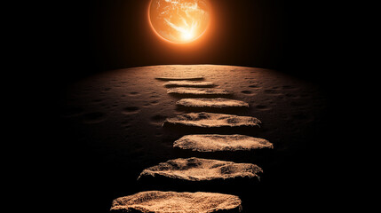 Obraz premium Path to Enlightenment: A surreal scene unfolds, a stone stairway leading towards a luminous sun, symbolizing a journey of discovery and spiritual elevation, set against a dark, enigmatic backdrop.
