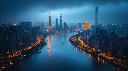 Fototapeta premium Night View of Shanghai Skyline Over Huangpu River with City Lights