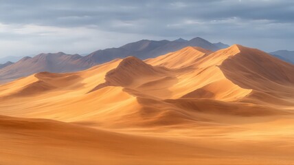 Naklejka premium Golden Sand Dunes and Majestic Mountains Under a Dramatic Sky