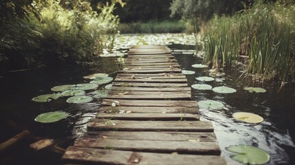Naklejka premium Wooden walkway over lily pad pond in forest