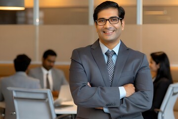 Confident Businessman in Modern Office: Navy Suit, Light Blue Shirt, Patterned Tie, Friendly Smile, Bright Workspace