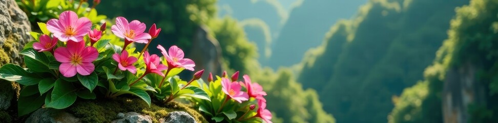 Fototapeta premium Pink blooms amidst lush greenery on rocky outcrop, flora, nature, bloom