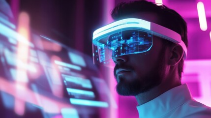 Business, metaverse, technology, innovation, futuristic businessman, AR glasses, holographic data, digital environment, neon, technological revolution, concept, presentation, corporate graphics.