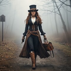 Naklejka premium Steampunk Woman Walking in Misty Forest