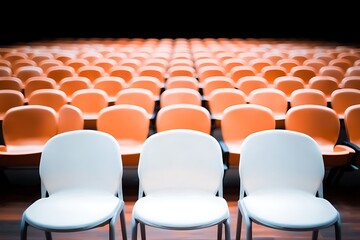 Naklejka premium Empty Auditorium: Three White Chairs.