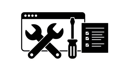 Isolated Wrenches, Screwdriver, and Checklist, Signifying Maintenance and Repair
